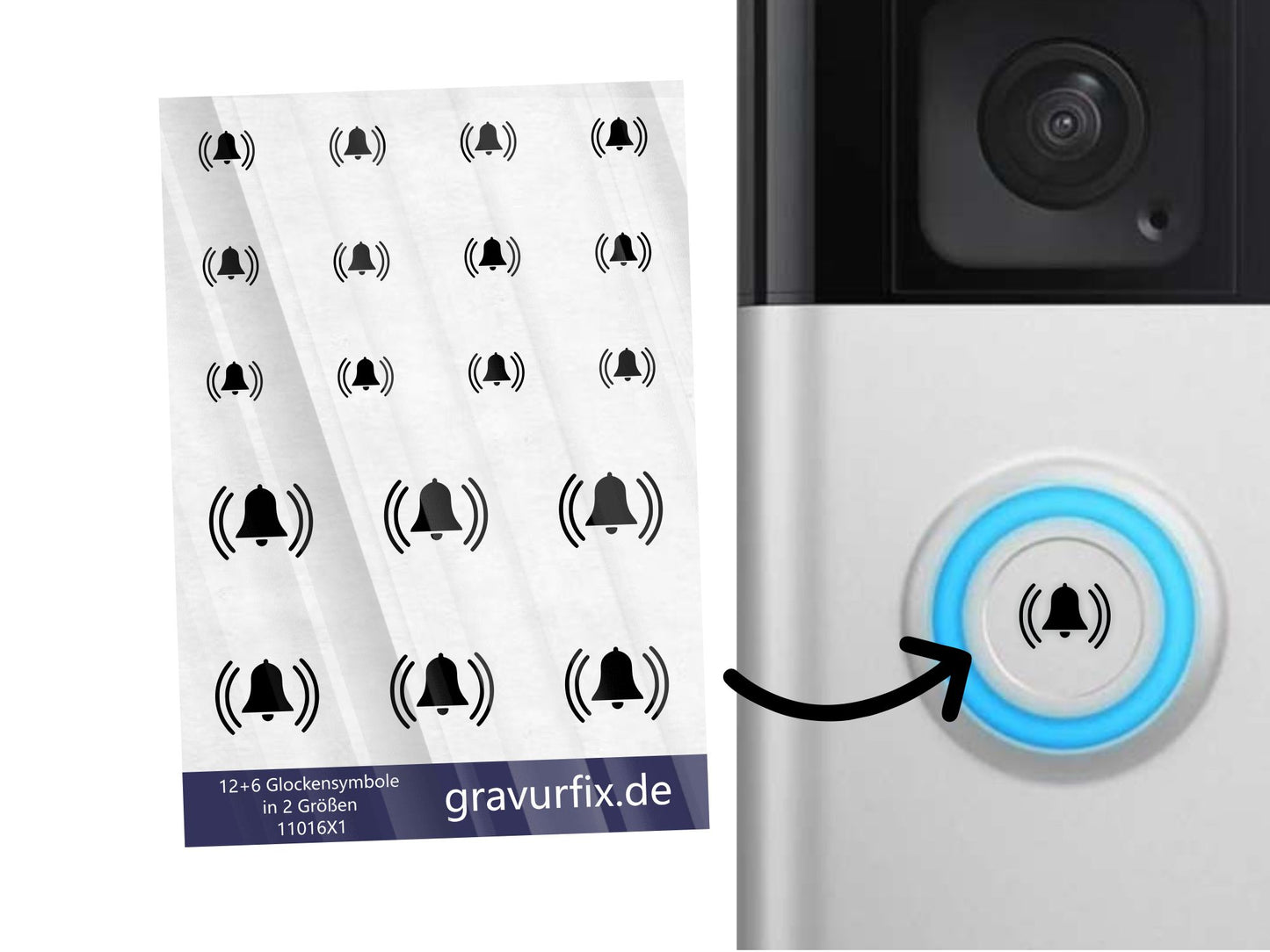 Aufkleber-Set Glocken-Symbol für Türklingeln - 18 teilig (12 kleine + 6 große Aufkleber) - schwarz